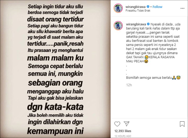 Postingan Wirang Birawa Soal Firasatnya akan Bencana