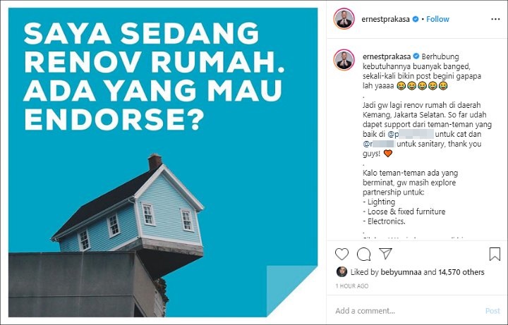 Postingan Ernest Prakasa Minta Endorse untuk Renovasi Rumah