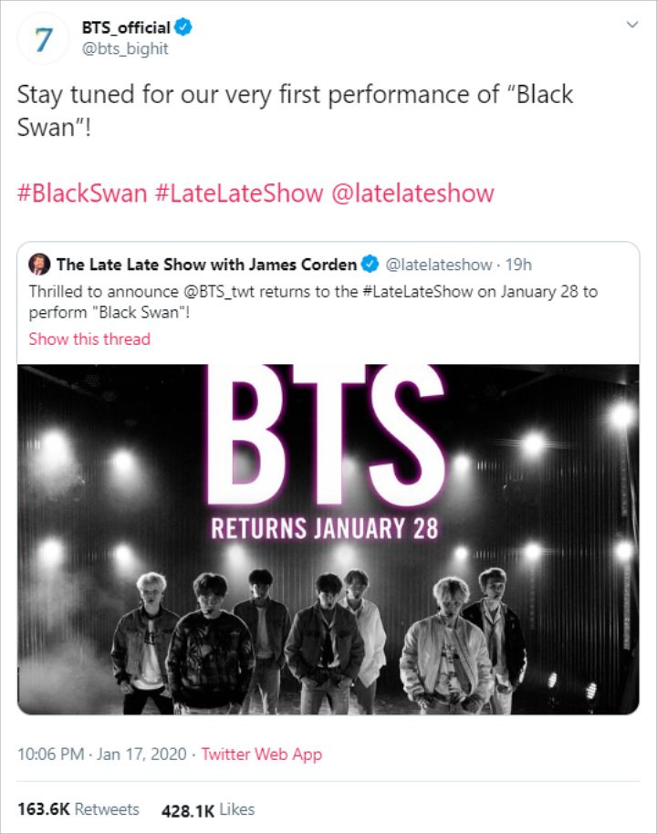 BTS Bakal Tampilkan \'Black Swan\' Pertama Kali Di \'The Late Late Show With James Corden\'