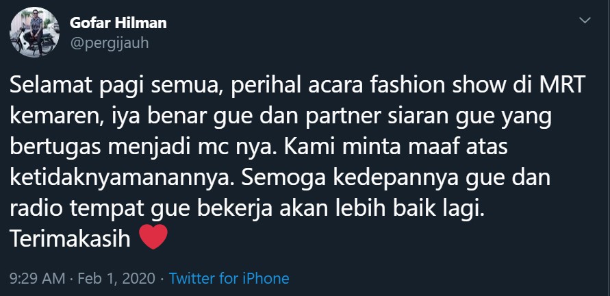Gofar Hilman Sampaikan Permintaan Maaf Usai Jadi MC Fashion Show di MRT