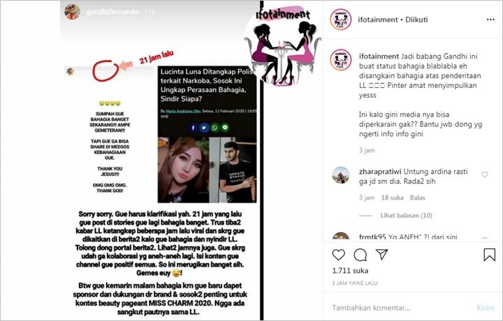 Gandhi Fernando Tak Terima Dituding Sindir Kasus Narkoba Lucinta Luna Lewat Postingan Ini