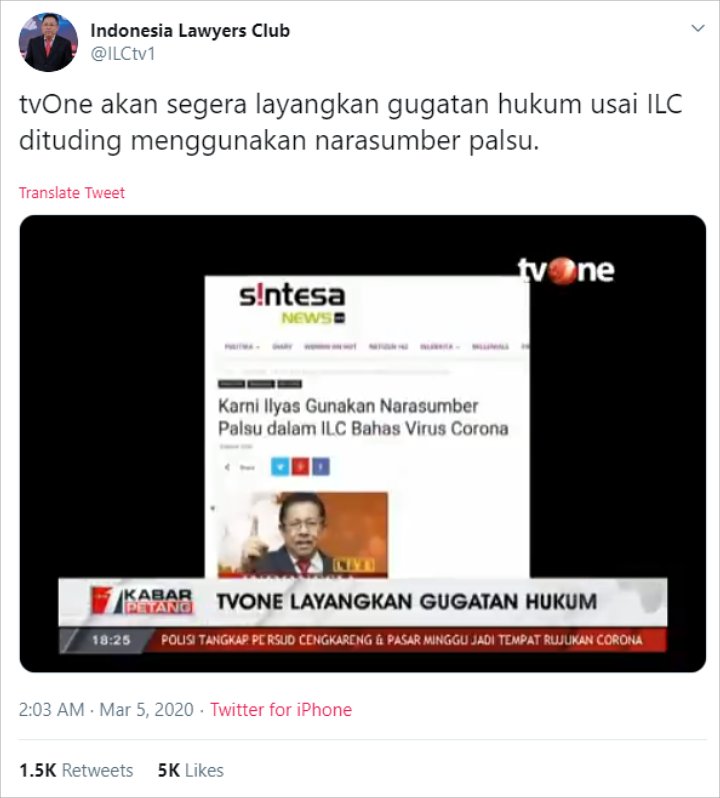 ‘Indonesia Lawyers Club’ Disebut Hadirkan Narasumber Palsu, TV One Layangkan Gugatan