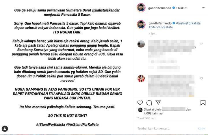 Puteri Indonesia 2020: Kalista Tetap \'Bangga\' Meski Tak Hapal Pancasila, Gandhi Fernando Ikut Bela