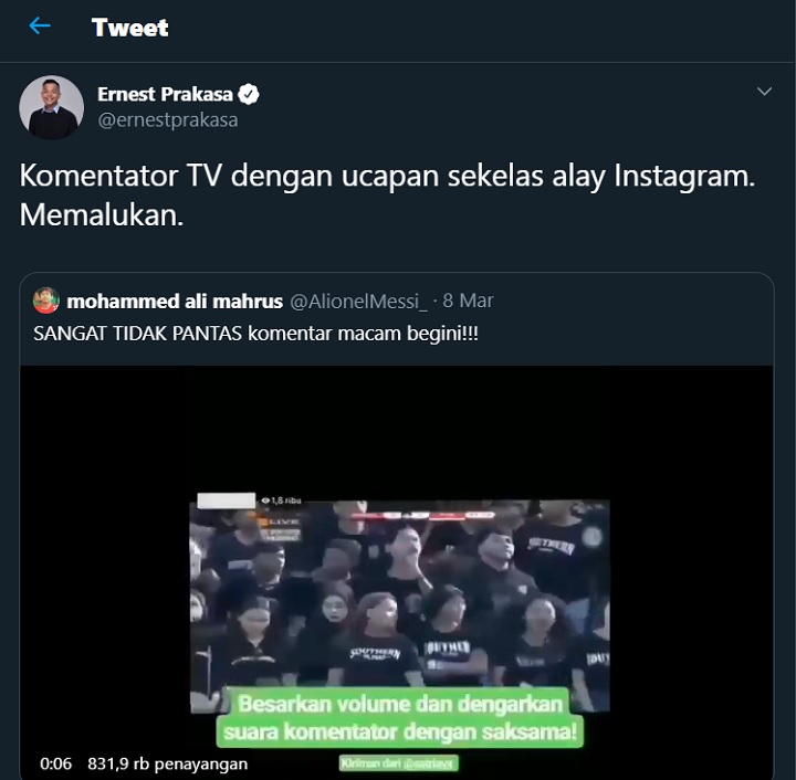 Ernest Prakasa Ikut Sindir Komentator Bola yang Lecehkan Suporter Wanita: Alay!
