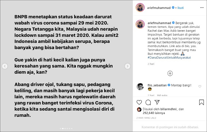 Arief Muhammad Bikin Galang Dana demi Masyarakat Kecil Bisa Tes Corona