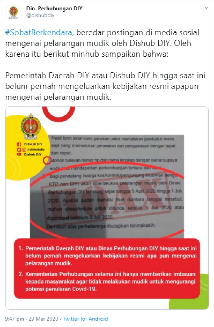 Beredar Surat Larangan Mudik di Yogyakarta Per Tanggal 5 April 2020, Dihub Buka Suara