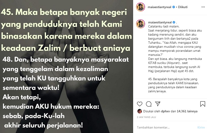 Wabah Corona, Maia Estianty Sebut Manusia Sedang Dihukum Karena Zalim