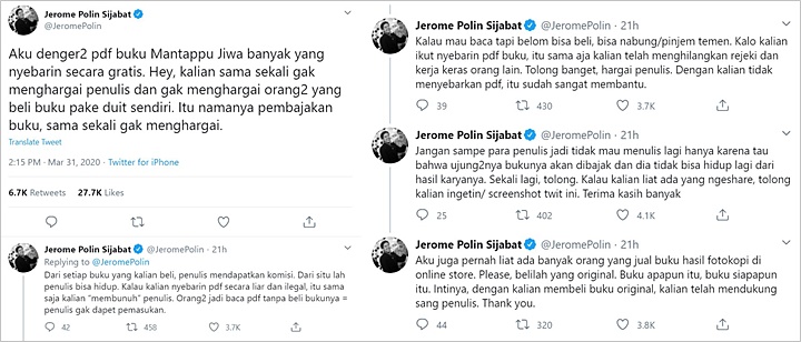 Jerome Polin Geram Buku Hasil Karyanya Dibajak dalam Bentuk PDF Secara Gratis