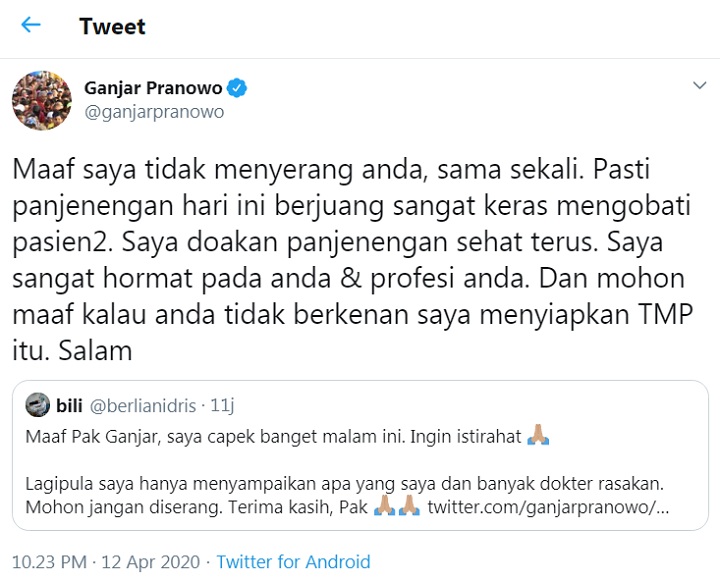 Ganjar Pranowo Tanggapi Protes Dokter Soal Siapkan TMP Bagi Tenaga Medis yang Gugur Akibat Corona