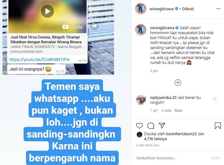 Reaksi Wirang Birawa Soal Ningsih Tinampi