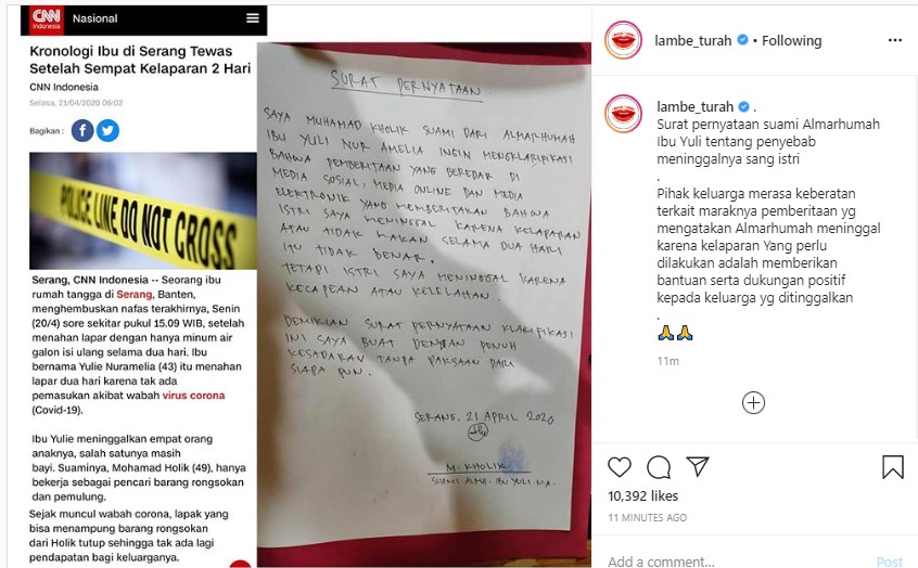 Viral Kisah Ibu Yuli Meninggal Karena Kelaparan, Suami Bantah Lewat Surat Klarifikasi Ini