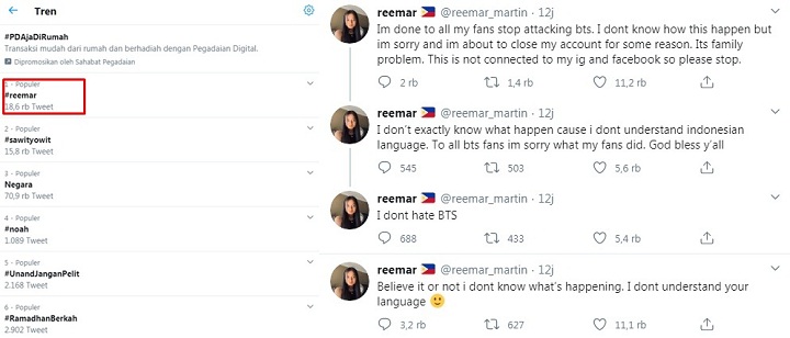 Reemar Artis TikTok Filipina Tutup Medsos Diduga Ulah Netizen Indo, Fans \'Balas Dendam\' Serang BTS