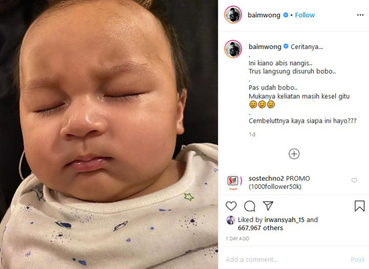 Baim Wong Unggah Foto Kiano Pasang Wajah Cemberut Saat Tidur, Mirip Siapa?