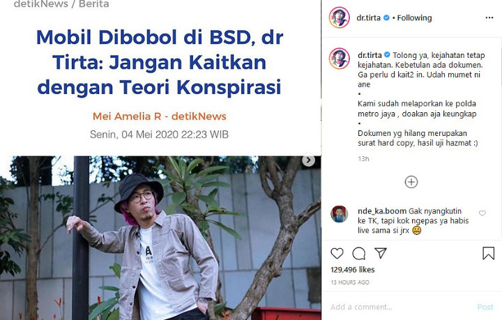 Kaca Mobil Dipecah Orang Tak Dikenal, dr Tirta: Jangan Kaitkan dengan Teori Konspirasi