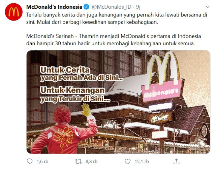 McDonald\'s Sarinah Resmi Tutup dan Jadi Trending, Begini Reaksi Sedih Netizen