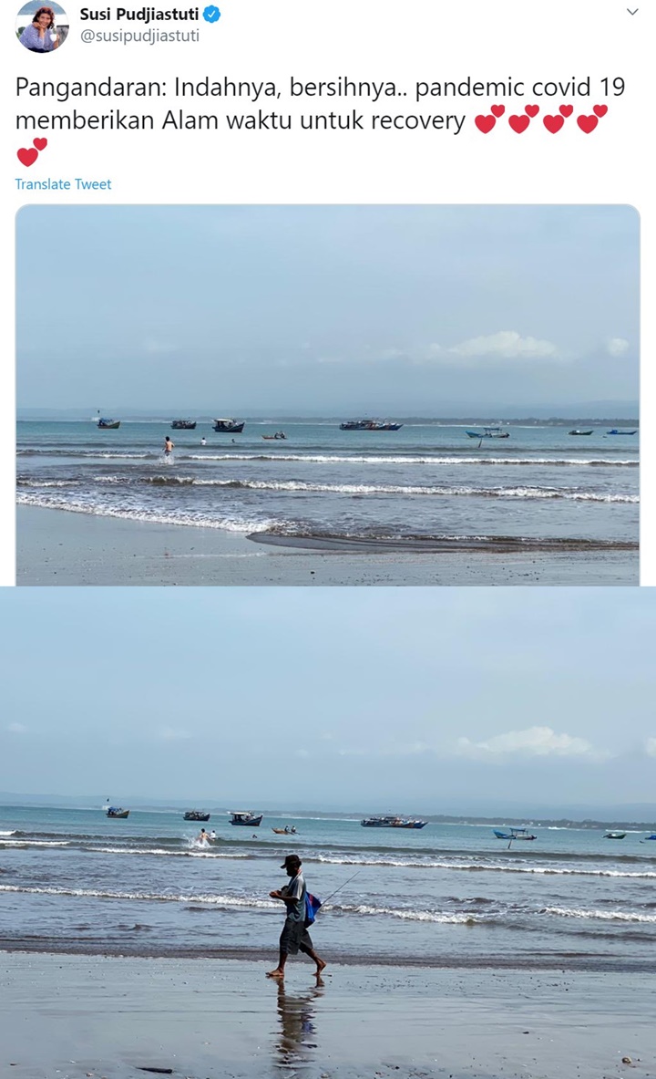 Susi Pudjiastuti Bagikan Potret Pantai Pangandaran Bersih Berkat Pandemi Corona
