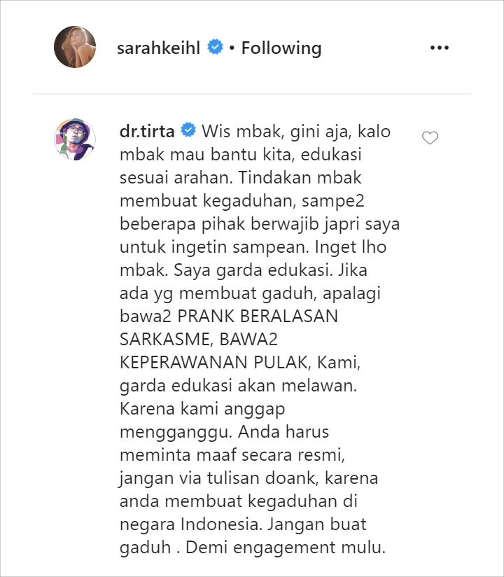 Sarah Keihl Unggah Permintaan Maaf, Komentar dr Tirta Dapat Ribuan Like