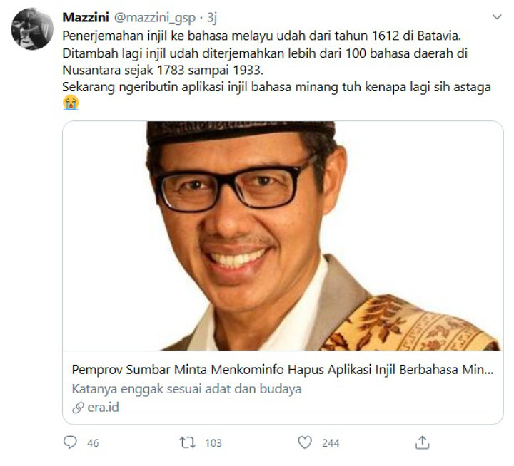 Gubernur Sumbar Dikritik Gegara Ribut Minta Hapus Aplikasi Injil Bahasa Minang