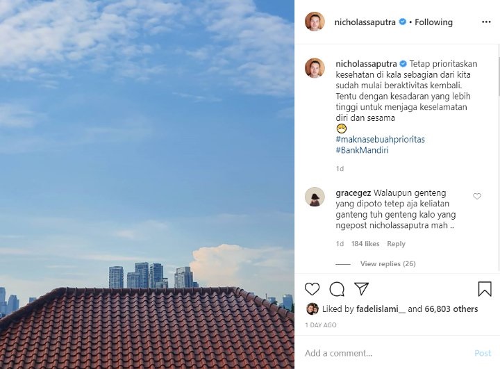 Cuma Posting Foto Genteng Rumah, Nicholas Saputra Banjir Pujian Netizen
