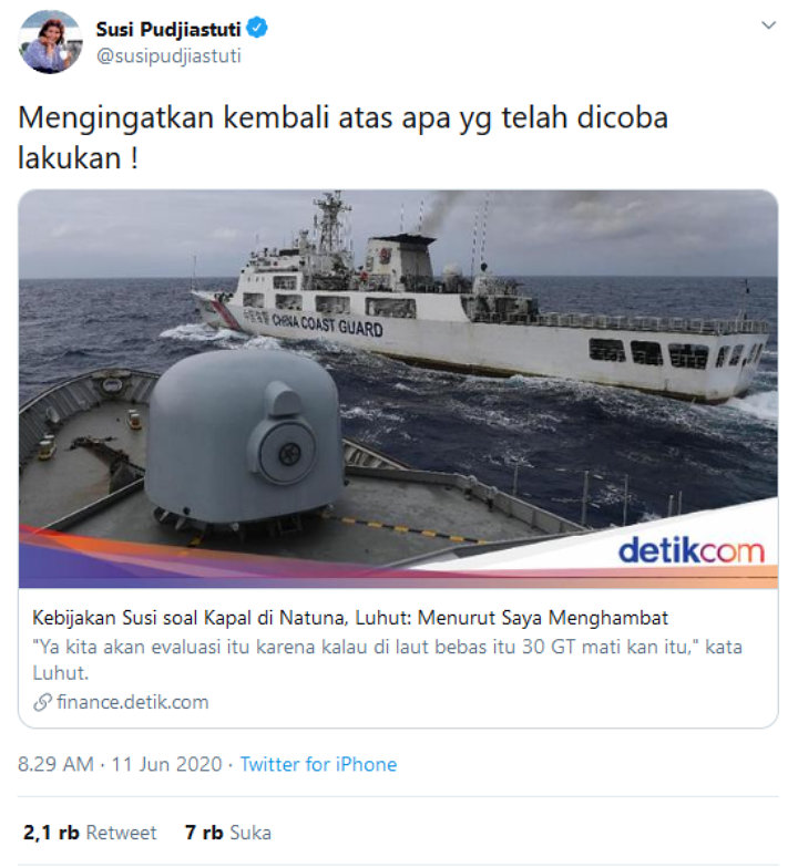 Menko Luhut Izinkan Kapal Besar Melaut di Natuna, Susi Pudjiastuti Kembali Meradang