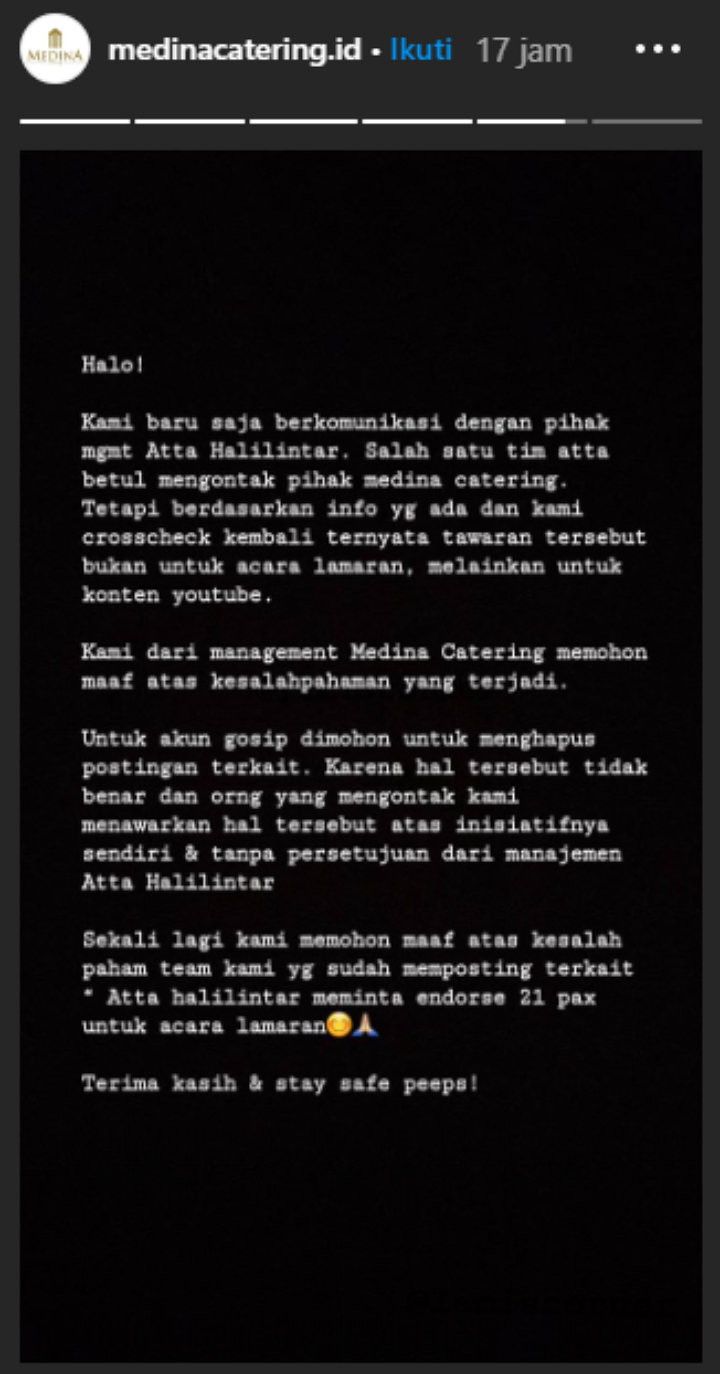 Atta Halilintar Dituding Minta Endorse Makanan Gratis Buat Lamaran, Pihak Catering Klarifikasi