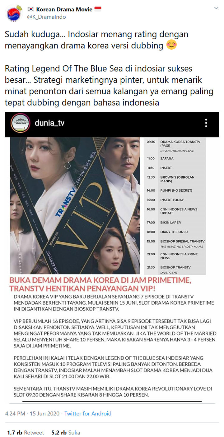 Trans TV Setop Drama Korea \'VIP\' Usai Kalah Saing Dengan \'Legend Of The Blue Sea\' Di Indosiar
