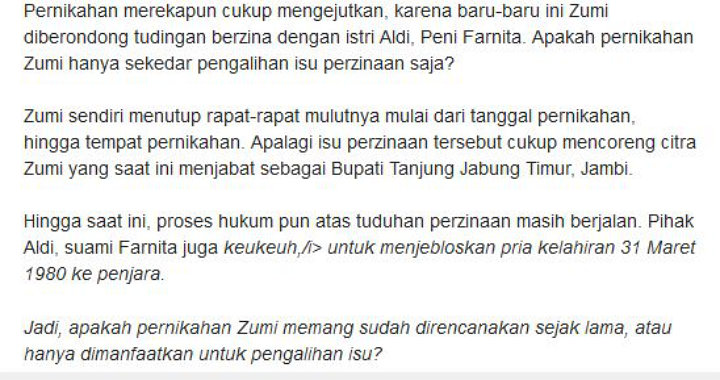 Artikel Soal Motif Pernikahan Zumi Zola