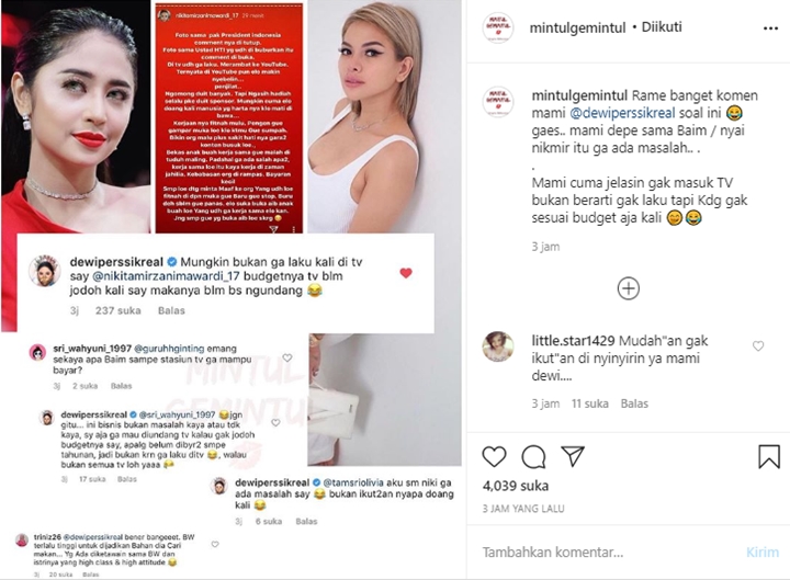 Dewi Persik Komentari Postingan Nikita Mirzani Diduga Sindir Baim Wong Tak Laku di TV