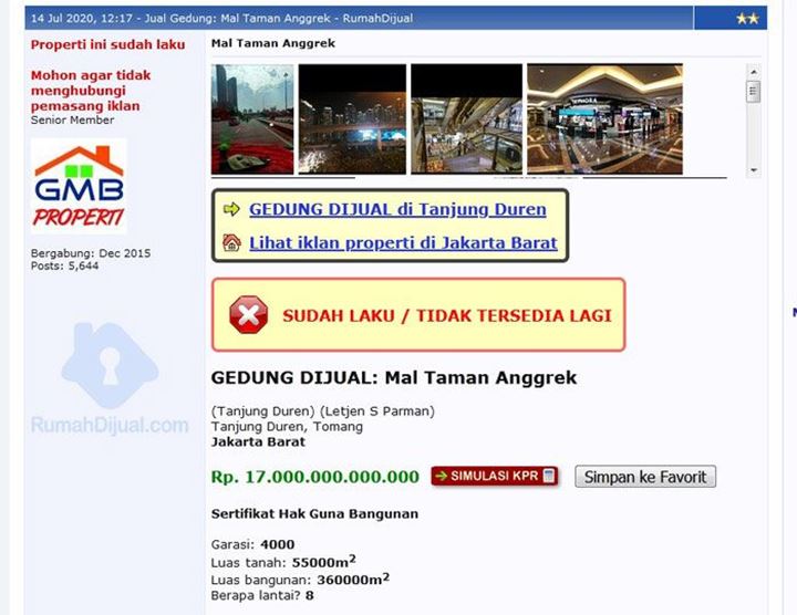 Mal Taman Anggrek Laku Dijual Rp 17 Triliun di Toko Online, Begini Respon Pengelola
