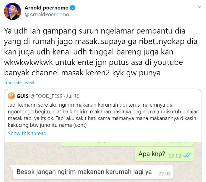 Chef Arnold Bela Wanita yang Dihina Calon Mertua Karena Tak Bisa Masak, Balasannya Jleb Banget
