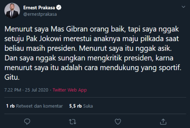 Ernest Prakasa Kritik Presiden Jokowi yang Restui Gibran Maju Pilwalkot Solo: Itu Nggak Asik