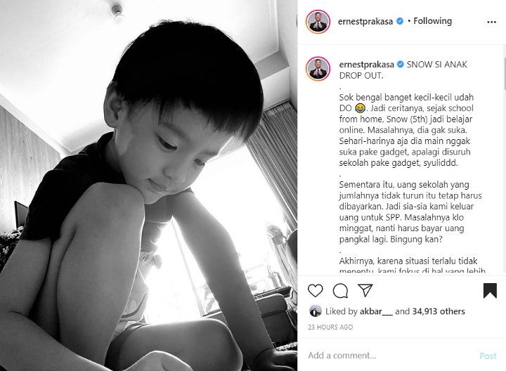 Ernest Prakasa Perbolehkan Sang Putra Drop Out