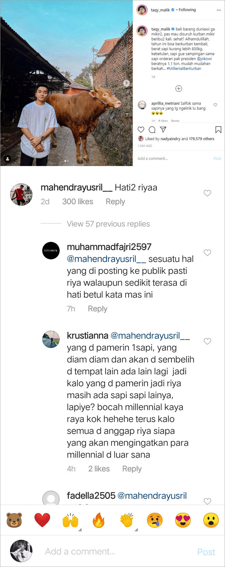 Taqy Malik Disindir Riya Usai Pamer Foto Sapi Jumbo dan Sentil Orang Kaya yang Ogah Berkurban