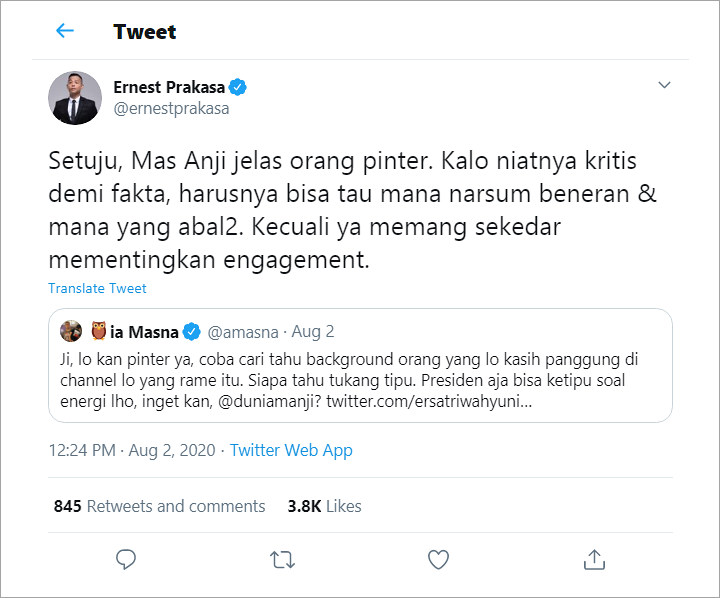 Komentar Makjleb Ernest Prakasa Soal Video \'Obat COVID-19\' Anji, Pertanyakan Kredibilitas Narasumber