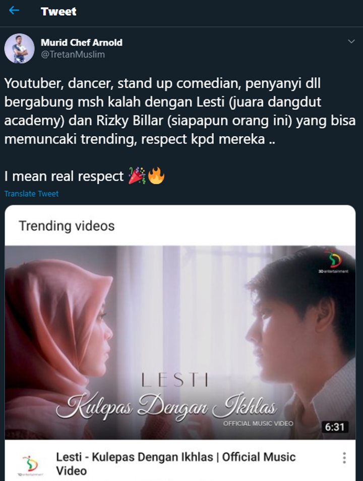 Tretan Muslim \'Puji\' Lesti dan Rizky Billar yang Sukses Puncaki Trending YouTube