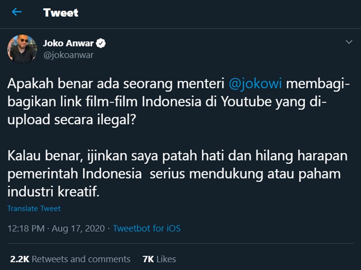Joko Anwar Patah Hati Lihat Menteri Bagikan Link Film Ilegal