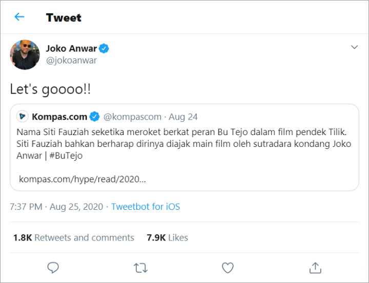 Joko Anwar Sambut Hangat Keinginan Siti Fauziah \'Bu Tejo\' Main Film Garapannya