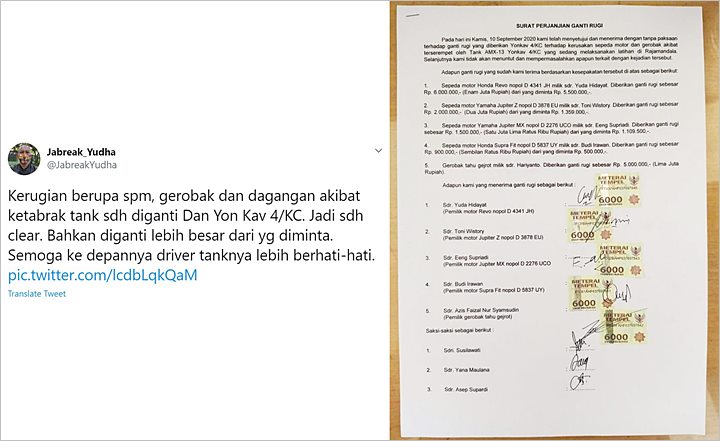 TNI Ganti Rugi Gerobak dan Motor \'Korban\' Tabrakan Tank di Bandung