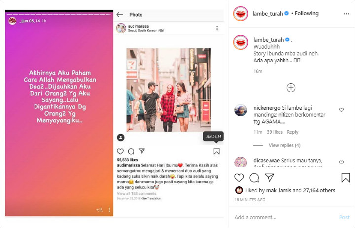 Audi Marissa Diisukan Pindah Agama, Postingan Ibunda Ngaku Dijauhkan Dengan Orang Tersayang Disorot