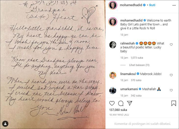 Beri Komentar Kelahiran Bayi Zayn Malik, Raline Shah Ternyata Di-Follow Ayah Gigi Hadid
