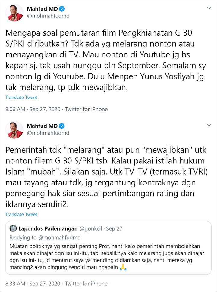 Polemik Pemutaran Film G30S/PKI, Begini Respon Santai Mahfud MD