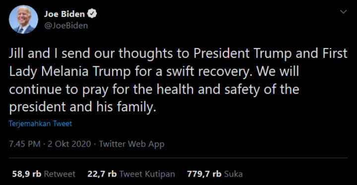Biden Doakan Trump dan Melania segera pulih dari COVID-19