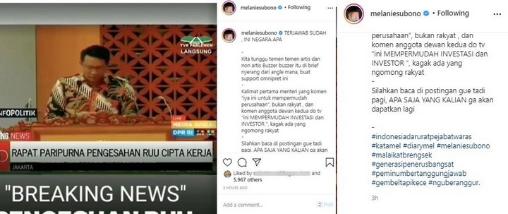 Melanie Subono Kritik UU Cipta Kerja Omnibus Law