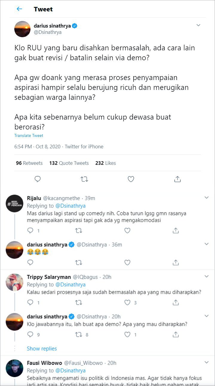 Darius Sinathrya Adu Mulut dengan Netter Gegara Cuitan Soal UU Cipta Kerja, Dianggap Tak Bijaksana
