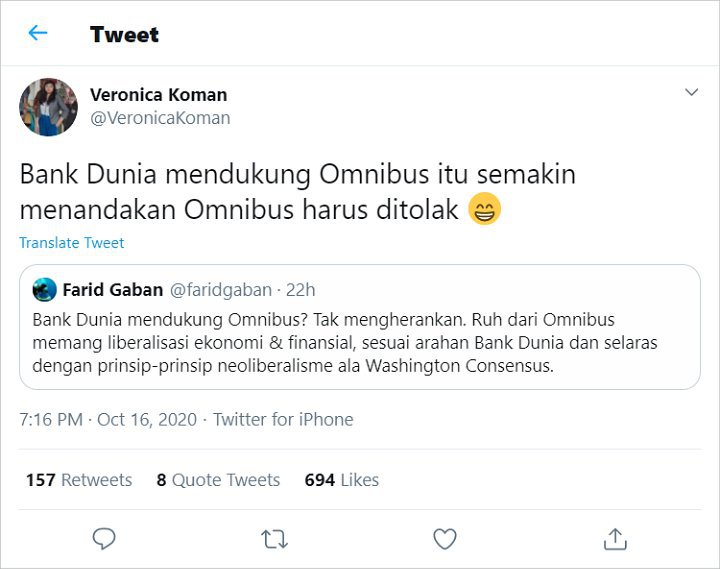 Komentar Veronica Koman Soal Omnibus Law