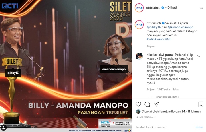 Silet Awards 2020: Kemenangan Billy Syahputra-Amanda Manopo Sebagai Pasangan Tersilet Banjir Protes