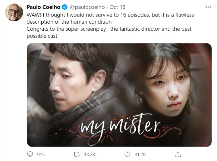 Penulis \'The Alchemist\' Puji Drama Korea \'My Mister\' Sebagai Karya Masterpiece