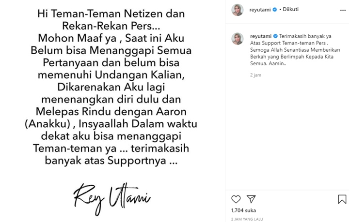 Rey Utami Pilih Tenangkan Diri dan Lepas Rindu Bareng Anak Pasca Bebas