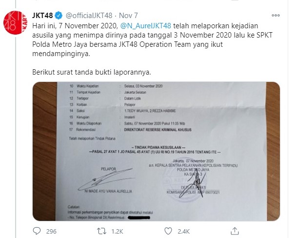 Dalam Penyelidikan Polisi, Salah Satu Personel JKT48 Buat Laporan Terkait Dugaan Kasus Asusila