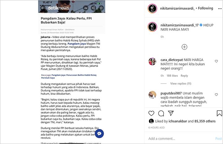Nikita Mirzani Dukung Ancaman Pangdam Soal Bubarkan FPI: Hidup NKRI Harga Mati